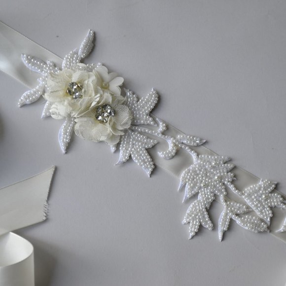 Floral Beaded Bridal Ribbon Belt